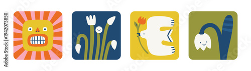 Funny stickers set, spring or summer time stickers collection, funny animals, insects and flowers, seasonal design. Print, square poster, emoji elements. Flower, bloom, character, bird, sun.