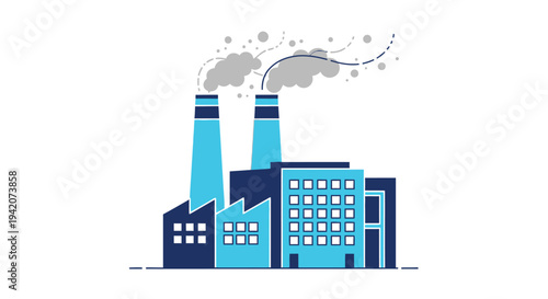 Modern industrial factory building with smokestacks and smoke clouds, manufacturing plant illustration representing production industry energy facility concept