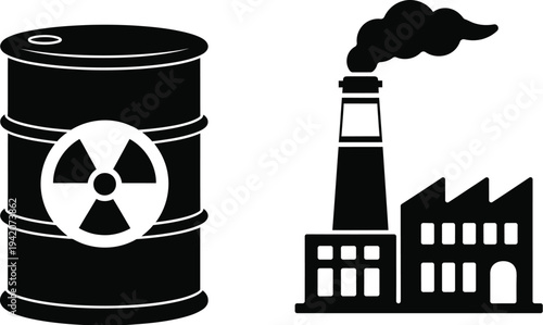 Nuclear waste barrel and factory icon, radioactive hazard industry symbol, toxic pollution industrial plant silhouette, environmental risk warning vector
