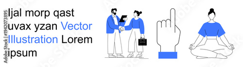 Business communication, mindfulness, productivity tools, wellness, teamwork, and self-care. Two people shaking hands, a pointing hand and a figure meditating. Business communication and mindfulness