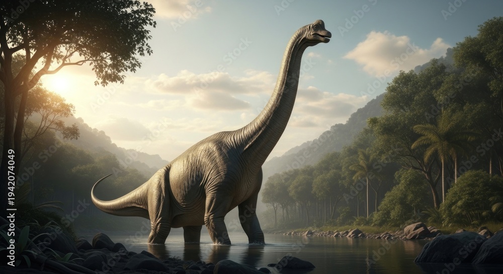 Naklejka premium Majestic Brachiosaurus Stands in Tranquil Waters Amidst Lush Prehistoric Landscape.