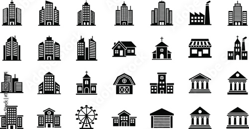 Urban buildings and city architecture icons collection, skyscrapers, houses, church, shops, school and public infrastructure silhouette vector set