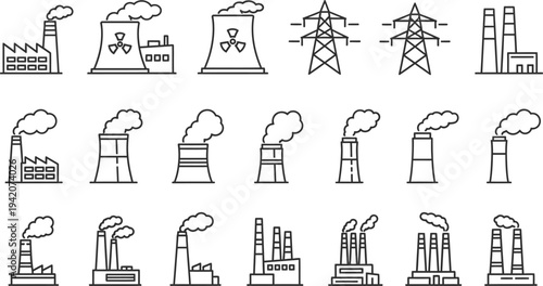 Power plant and industrial cooling tower line icons collection, factory chimneys, nuclear energy stations and electricity infrastructure vector set