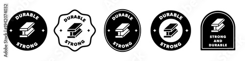 Durable and Strong information sticker with icon. Vector labels isolated on white.
