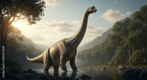 Majestic Brachiosaurus Stands in Tranquil Waters Amidst Lush Prehistoric Landscape.