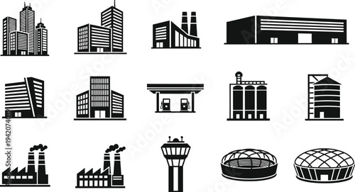Urban buildings and industrial factory icons collection, city skyscrapers, warehouse, refinery plant, fuel station and stadium silhouette vector set