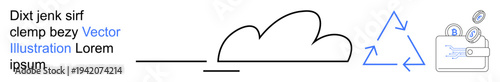 Cloud computing, data management, digital security, sustainable technology, eco-friendly solutions, online storage. Cloud icon, recycling symbol digital wallet. Cloud computing and data management