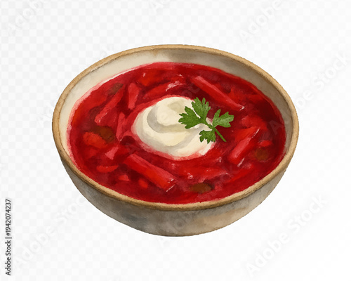 Watercolor style illustration of classic borscht with sour cream swirl and fresh herbs, isolated hearty beet soup for restaurant menu, traditional cuisine branding and food design. Vector illustration