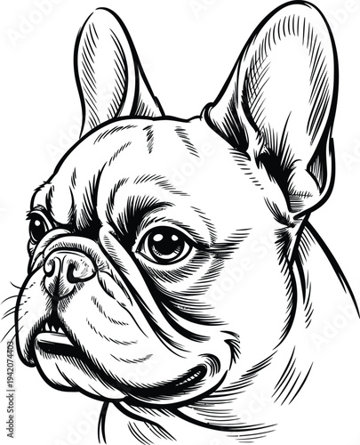 A black and white illustration of a french bulldogs head