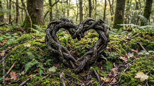 Heart Shaped Intertwined Tree Roots in a Lush Green Forest Landscape