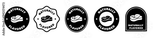Naturally Flavored labels with meat and leaf icon. Vector food stickers.