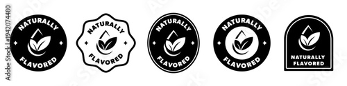 Naturally Flavored label collection with drop and leaf icon. Vector isolated on white.