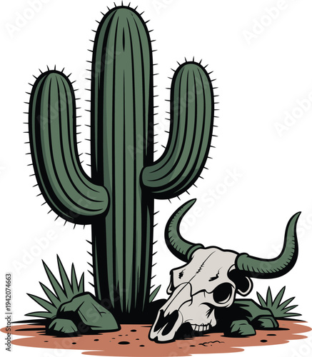 A cartoon illustration of a cactus with a bull skull on red desert soil