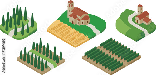 Isometric Tuscan countryside landscape set, vineyard fields cypress trees and rural church farm scenery illustration isolated collection