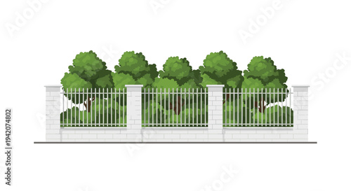 A long, modern fence with white brick pillars and vertical metal bars stands in front of a dense line of lush green bushes and trees.