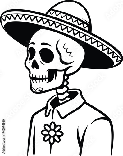 A skeleton wearing a sombrero and a collared shirt with a flower on isolated for dia de los muertos or halloween