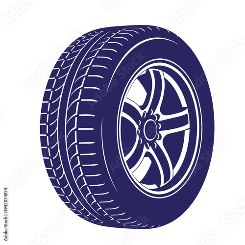 dark blue car tire with silver rim and white lines on white background