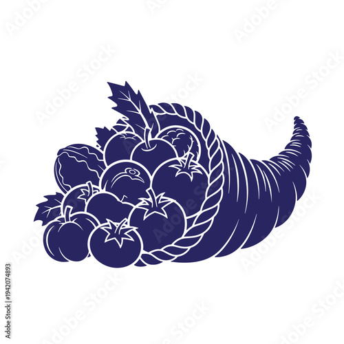 Dark blue cornucopia filled with fruits and vegetables  symbol of abundance and harvest season