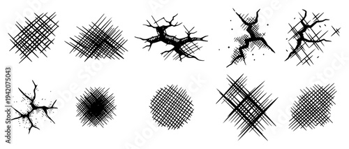Set of hand drawn cross hatching textures and cracked ink surface elements for vintage design
