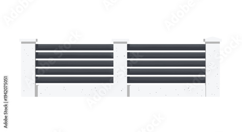 A contemporary two-section fence, constructed with three light grey concrete posts and dark horizontal slats, stands isolated against a pristine white background.