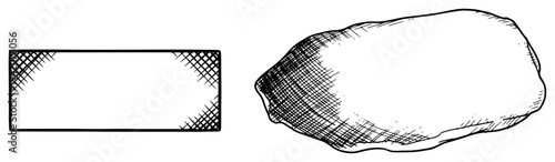 Hand drawn sketch of a stone and a rectangular frame with vintage cross hatching shading effects