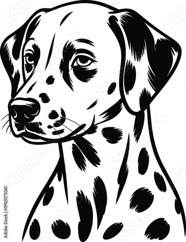 A black and white illustration of a dalmatian dog with a cute expression
