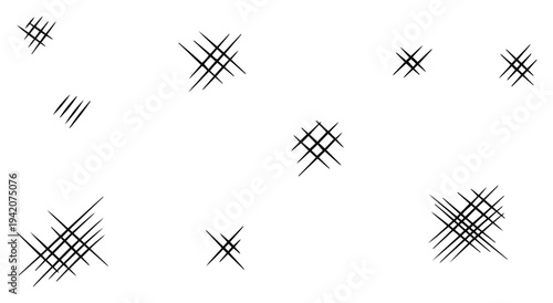 Collection of minimalist hand drawn cross hatching marks and ink sketch star shapes for graphic accents