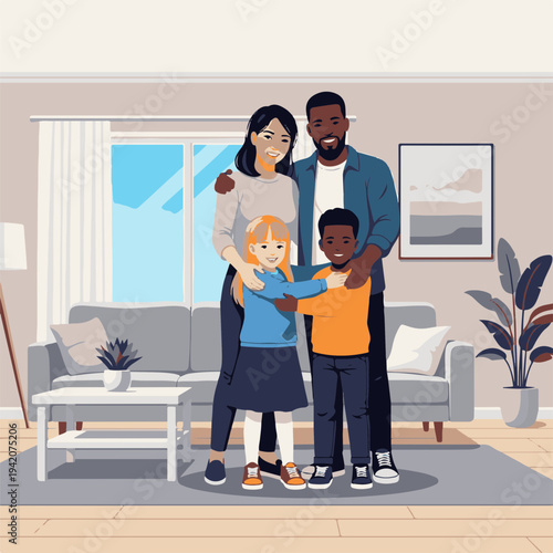 Happy family embracing at home with two children around parents in living room. Family portrait captures joy and connection in cozy interior. Perfect for adoption theme and family services.