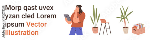 Remote work, home decor, digital technology, workspace setup, productivity, eco-friendly living. A person holding a tablet near plants, chair and a storage box. Remote work and home decor