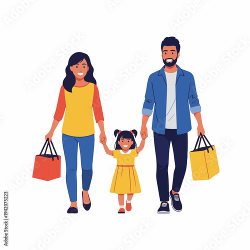 Happy family shopping with colorful bags walking together, parents supporting child in joyful shopping experience. Family bonding time captured with children enjoying shopping,