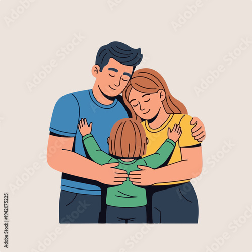 Loving family embracing child in joyful moment, illustrating adoption and support for emotional connection. Family shows affection as parents hold child close, creating warm family environment.
