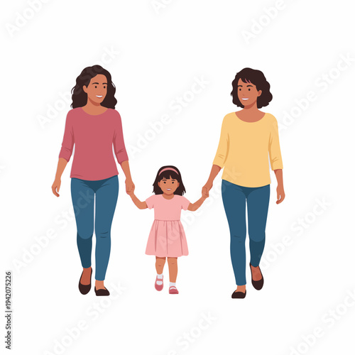 Two women walking with a young girl while holding hands. The family scene shows joyful interaction among the women and the child, creating a heartwarming atmosphere of love and togetherness.