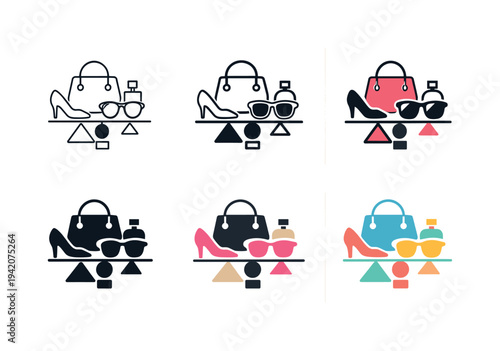 Visual harmony icon showing stylized fashion accessories, geometric shapes, and balancing elements representing style, design