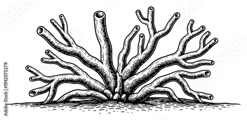 Vintage hand drawn ink illustration of a desert bush or coral with hollow branches