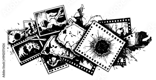 Artistic collage of chaotic film frames and photographs with grunge splatters in woodcut style