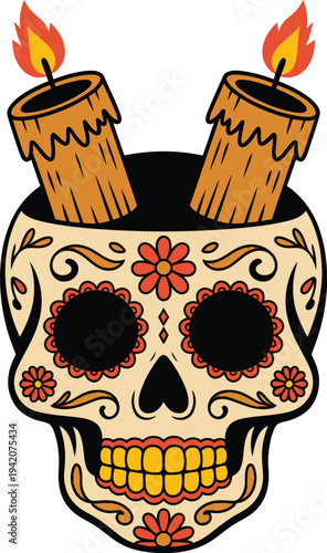 Day of the dead sugar skull with candles on head