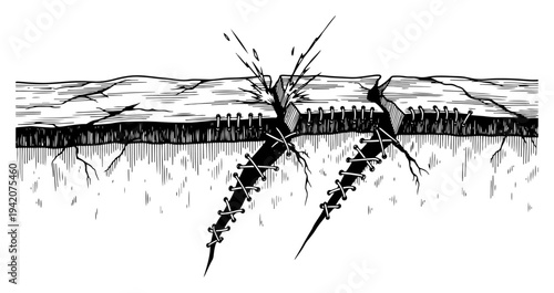 Engraving of a deep crack in the ground being stitched together with large staples