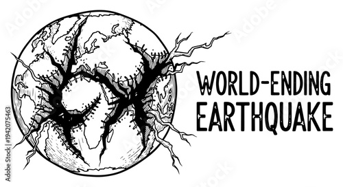 Hand drawn vintage ink illustration of earth cracking apart with world ending earthquake text