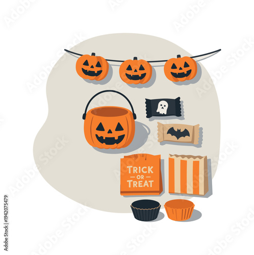 Clean halloween party prep concept viewed from above with generic pumpkin bucket garland and treat wrappers aligned clearly,
