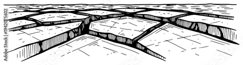 Hand drawn perspective view of massive broken ground plates or ice sheets