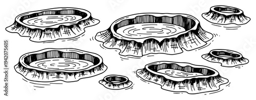 Collection of various circular craters or puddles in detailed woodcut engraving style