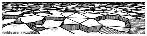 Panoramic vintage sketch of dry cracked earth with hexagonal soil patterns