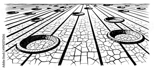 Surreal landscape sketch featuring cracked ground with parallel rows of deep craters