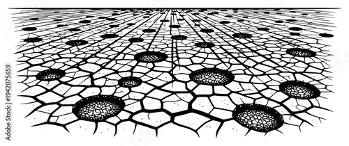 Vintage woodcut illustration of cracked dry ground with deep circular craters in perspective