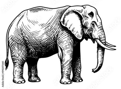 Detailed vintage engraving style illustration of a standing african elephant with tusks