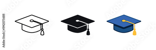 Learning journey context presents a graduation cap resting level, identical geometry aligned in a horizontal set, later appearing