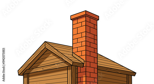 The top section of a charming wooden house, complete with a brown planked roof and a tall, slender red brick chimney, is clearly visible against a clean white backdrop.