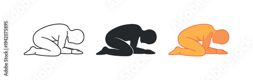 Inner peace outcome represented by a kneeling human figure with bowed head and relaxed posture forming one complete worship pose