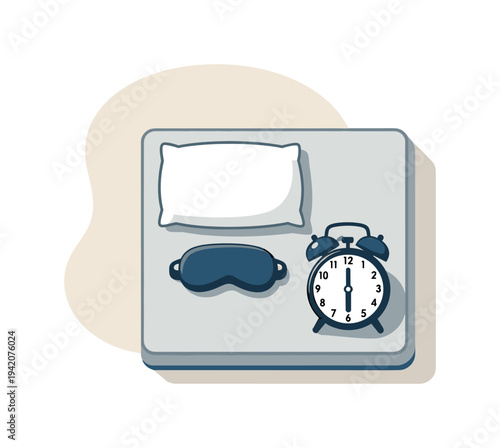 Clean healthy sleep routine concept viewed from above with generic bed mattress eye mask and alarm clock aligned clearly, placed