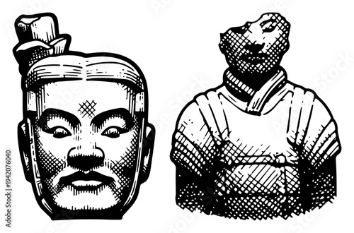 Vintage woodcut illustration of ancient Chinese terracotta warrior statues including a head and broken torso